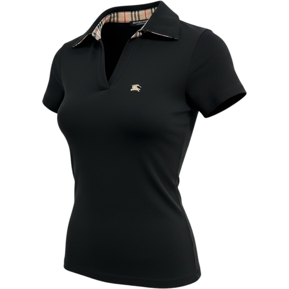 Burberry London Black Nova Check Trim V-Neck Polo Size Medium